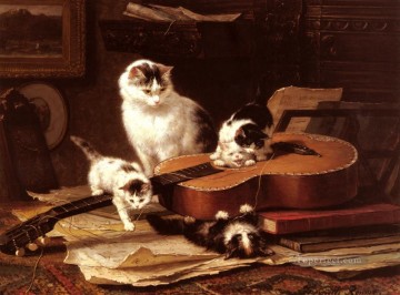  Henri Oil Painting - Oefeningen Op De Gitaar animal cat Henriette Ronner Knip